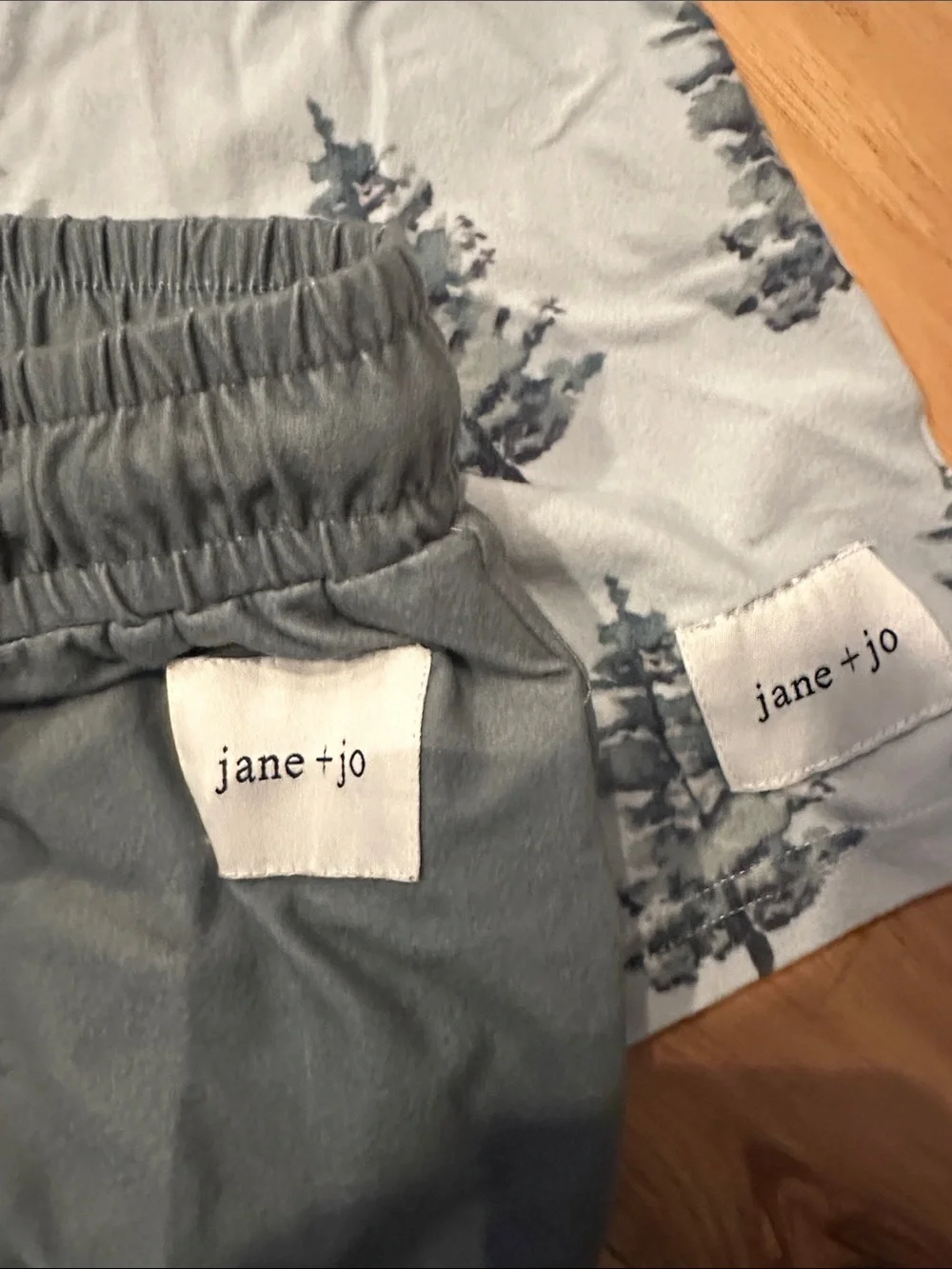 Jane + Jo Blue Tree Print Top with Slate Blue Drawstring Pants